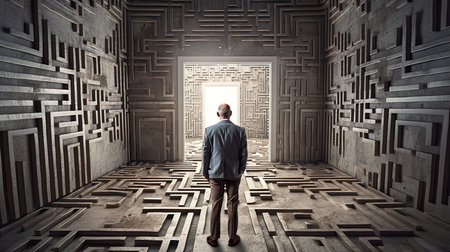 Rear view of businessman looking at exit from maze to bright futureの素材