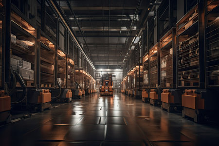 Interior of a warehouse with shelves and boxes, toned imageの素材