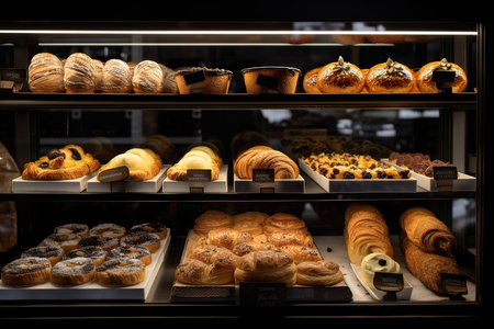 Assortment of pastries in bakery shop. Bakery products.の素材