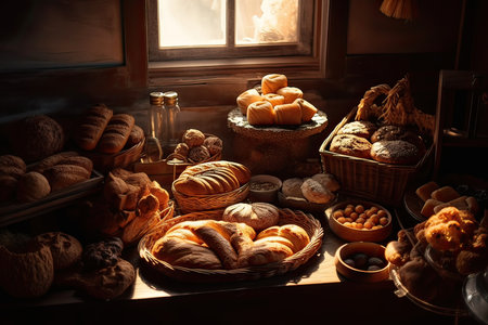 Bread in bakery shop at night. Bakery shop with variety of bread products.の素材