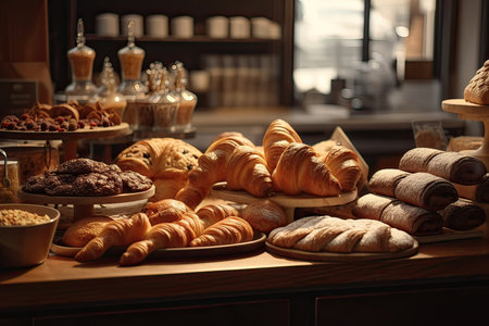 Variety of fresh pastries and croissants in bakery shopの素材