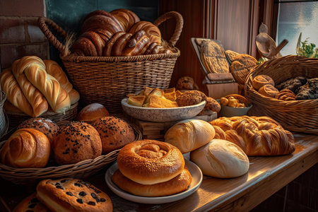 Basket of fresh bread and croissants on the table in a bakeryの素材