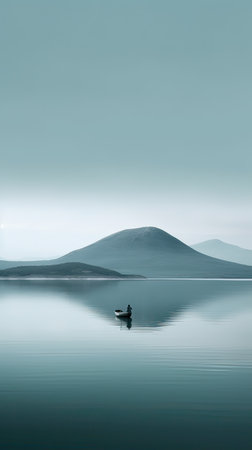 Silhouette of a man on a boat on a calm lake.の素材