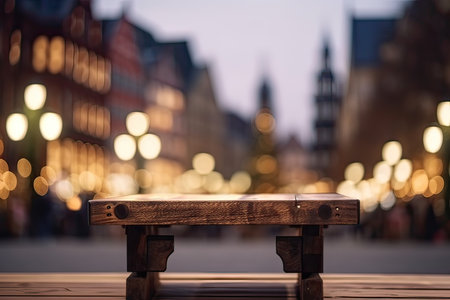 Empty wooden table in front of a blurred background of the old town of Frankfurt, Germanyの素材