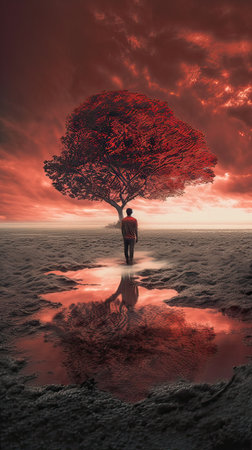 Man looking at a tree in the sea at sunset. 3d renderの素材