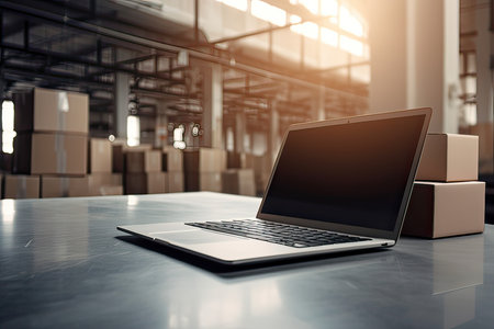 Laptop with blank screen on table in warehouse. 3d renderingの素材