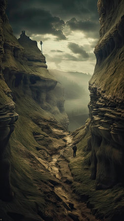 Fantasy landscape with a man standing on the edge of a cliffの素材