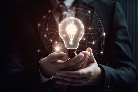 Businessman holding light bulb in his hands. Idea and innovation conceptの素材