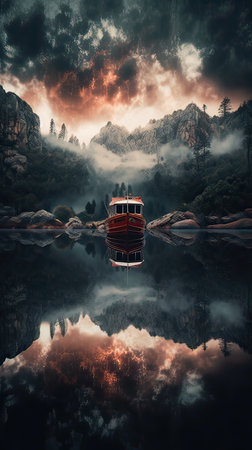 Fantasy landscape with a boat on the lake in the mountains.の素材