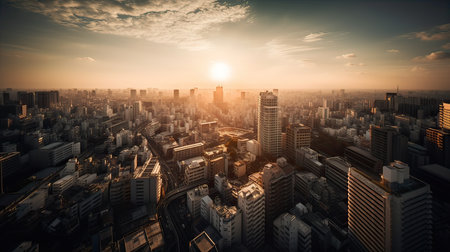 Asia Business concept for real estate and corporate construction - panoramic modern city skyline bird eye aerial view under dramatic sunrise and morning blue bright sky in Bangkok, Thailandの素材