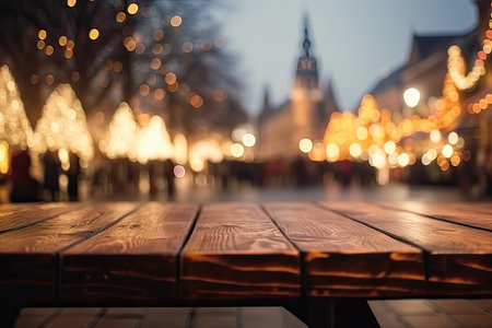 Wooden table in front of blurred christmas lights in the cityの素材
