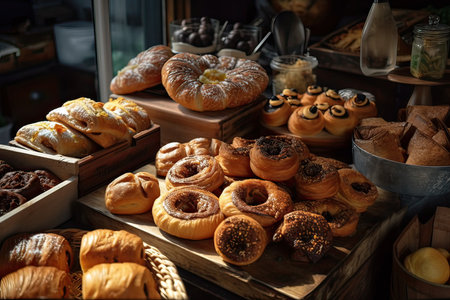 Variety of buns and croissants in a bakery shopの素材