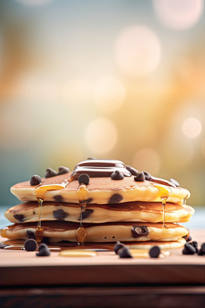 Stack of pancakes with chocolate and syrup on wooden table, closeupの素材