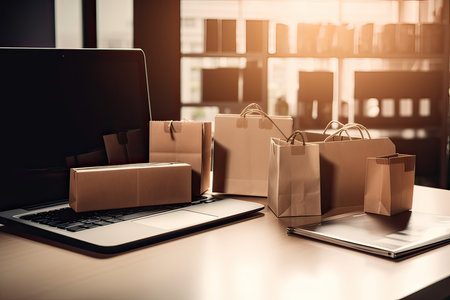 Shopping bags and laptop on desk in office. Online shopping conceptの素材