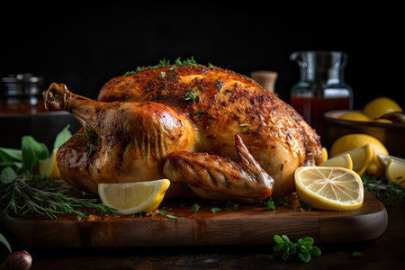 Roasted whole chicken with lemon and herbs on a wooden board.の素材