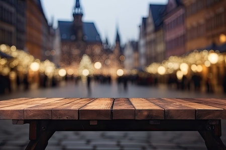 Empty wooden table in front of blurred background of christmas market.の素材