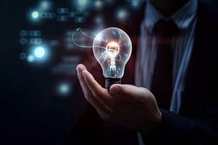 Close up of businessman hand holding glowing light bulb on dark background. Idea conceptの素材