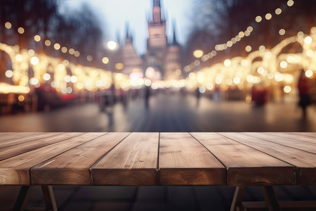 Empty wooden table and blurred background of Christmas market in Moscow, Russiaの素材