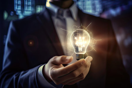 Close up of businessman holding light bulb in his hand. Idea conceptの素材