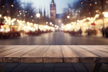 Empty wooden table against christmas market in paris, franceの素材