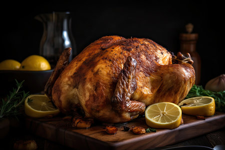 Whole roasted chicken with lemon and herbs on wooden board over dark backgroundの素材
