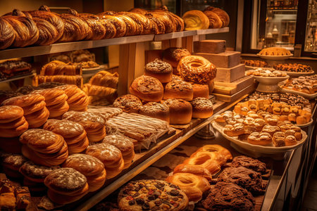 Bakery shop window with assortment of breads and pastries.の素材