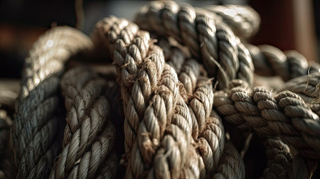Close up of the ropes of a sailing ship, selective focus.の素材