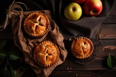 Homemade apple pie on wooden background. Top view, copy spaceの素材