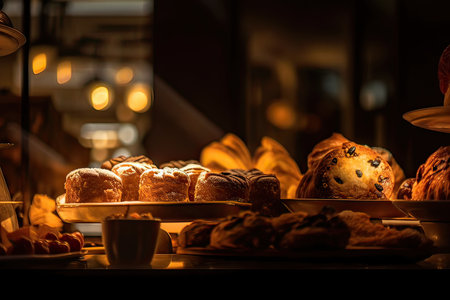 Freshly baked croissants on the table in a bakery.の素材
