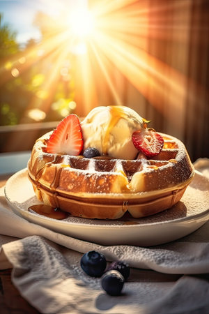 Belgian waffles with ice cream and berries on the table.の素材