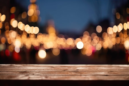Empty wooden table in front of abstract bokeh background. Ready for product display montageの素材