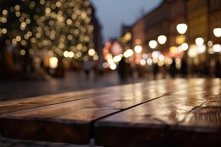 Wooden table in front of blurred Christmas market in Riga, Latviaの素材