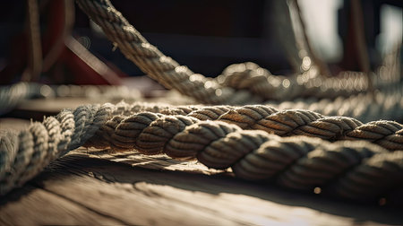 Ropes on a wooden deck of a sailing ship, close-upの素材