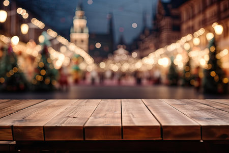 Wooden table in front of blurred Christmas market in Riga, Latviaの素材