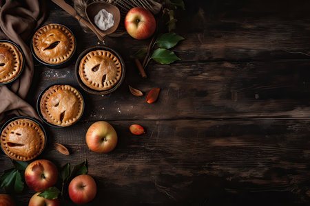 Homemade apple pie on dark wooden background. Top view with copy spaceの素材