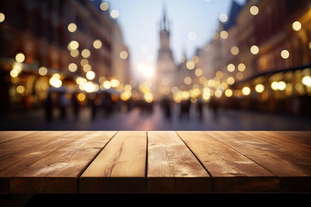 Empty wooden table and blurred background of Christmas market in Paris, Franceの素材