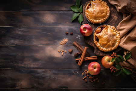 Homemade apple pie with cinnamon and apples on a dark wooden background.の素材