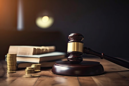 Law theme, mallet of judge, wooden gavel, stack of coinsの素材