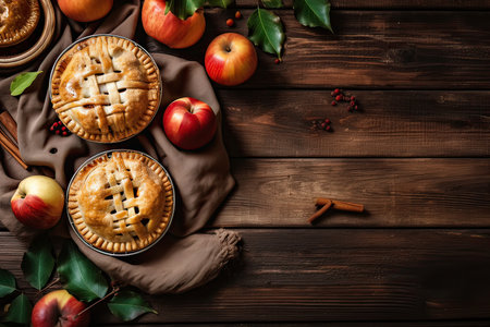 Homemade apple pie on a wooden background. Top view with copy space.の素材