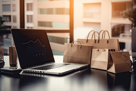Laptop with shopping bags on table in office. Online shopping conceptの素材