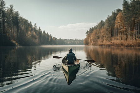 Man kayaking on a calm lake in the middle of the forestの素材