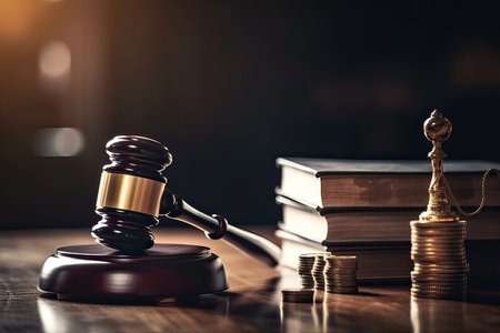 Law theme, mallet of judge, wooden gavel, stack of coinsの素材