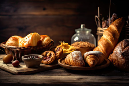 Different types of croissants on a wooden table. Toned.の素材