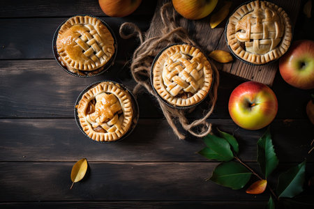 Homemade apple pie on wooden background. Top view with copy space.の素材