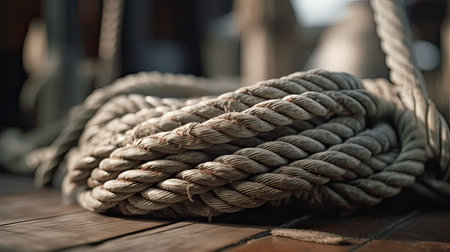 Rope on the deck of a sailing ship, close-upの素材