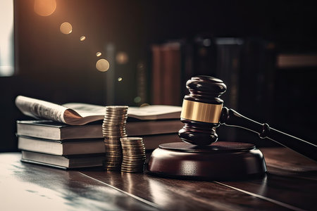 law theme, mallet of judge, books and coins on tableの素材