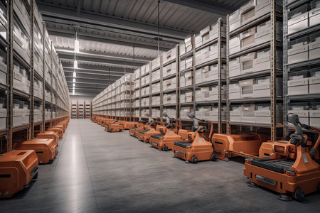 Interior of a warehouse with rows of orange pallets and boxesの素材