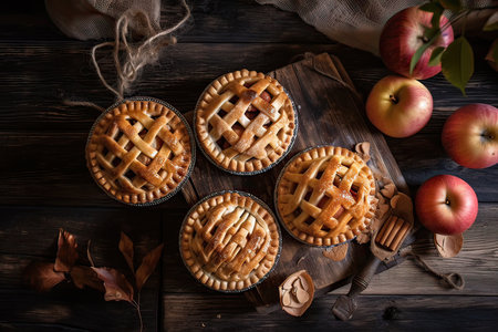 Homemade apple pie and fresh apples on rustic wooden background.の素材