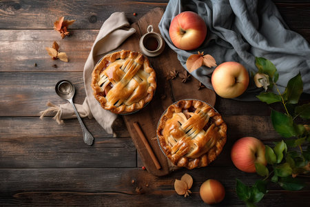 Delicious apple pie on wooden table, top view. Delicious dessertの素材