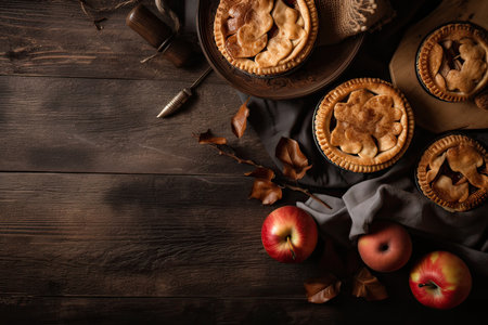 Autumn still life with apple pie on wooden table, top viewの素材